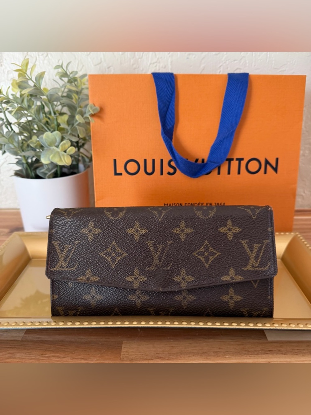 Louis Vuitton Auth Vintage Brown Envelope Monogram Long Wallet